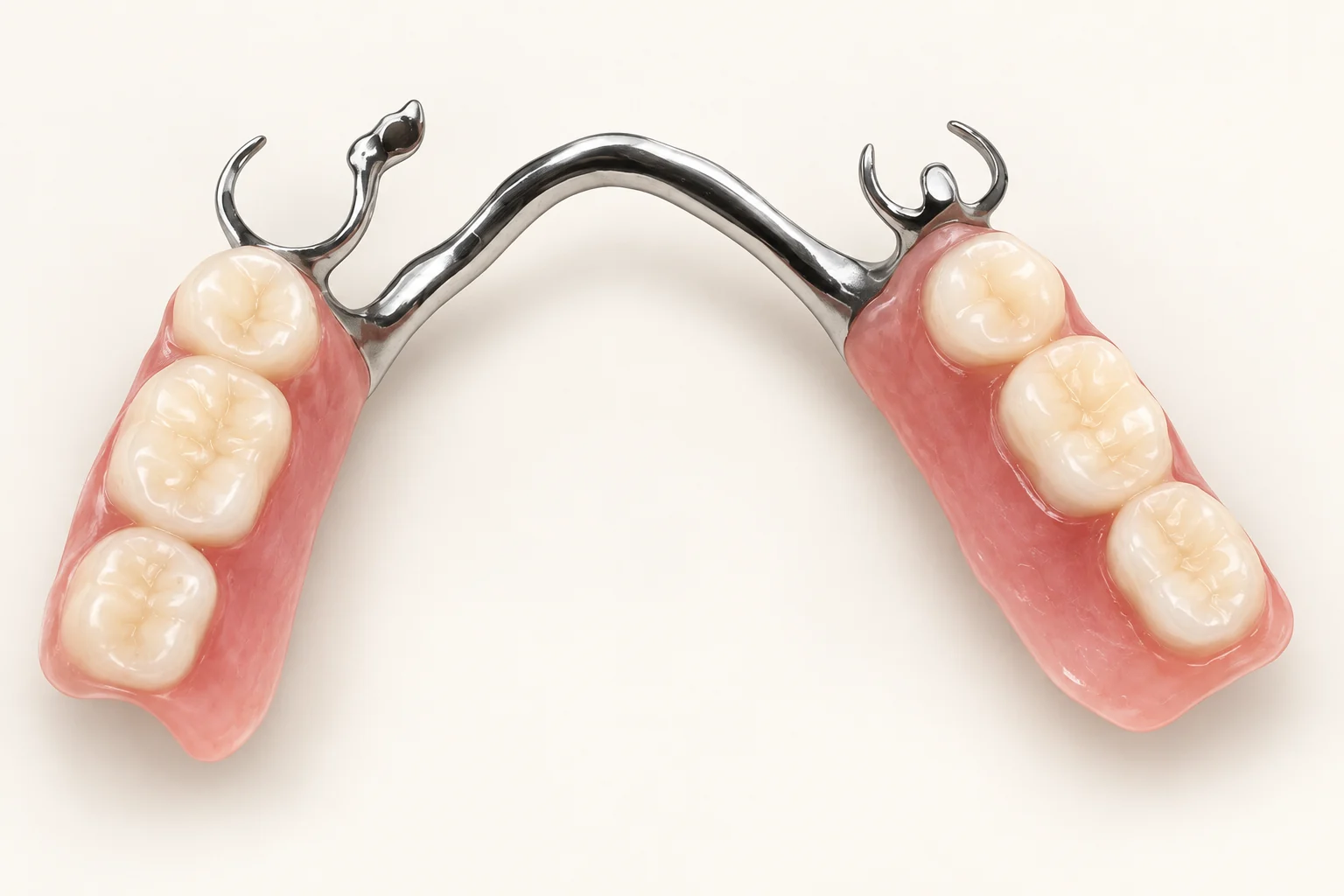 Illustration d’une prothèse partielle amovible à armature métallique, d’après un exemple réel. Les bases roses portent les dents de remplacement ; l’armature métallique et les crochets assurent la fixation et le maintien de la prothèse. Il ne s’agit pas de Denticor.