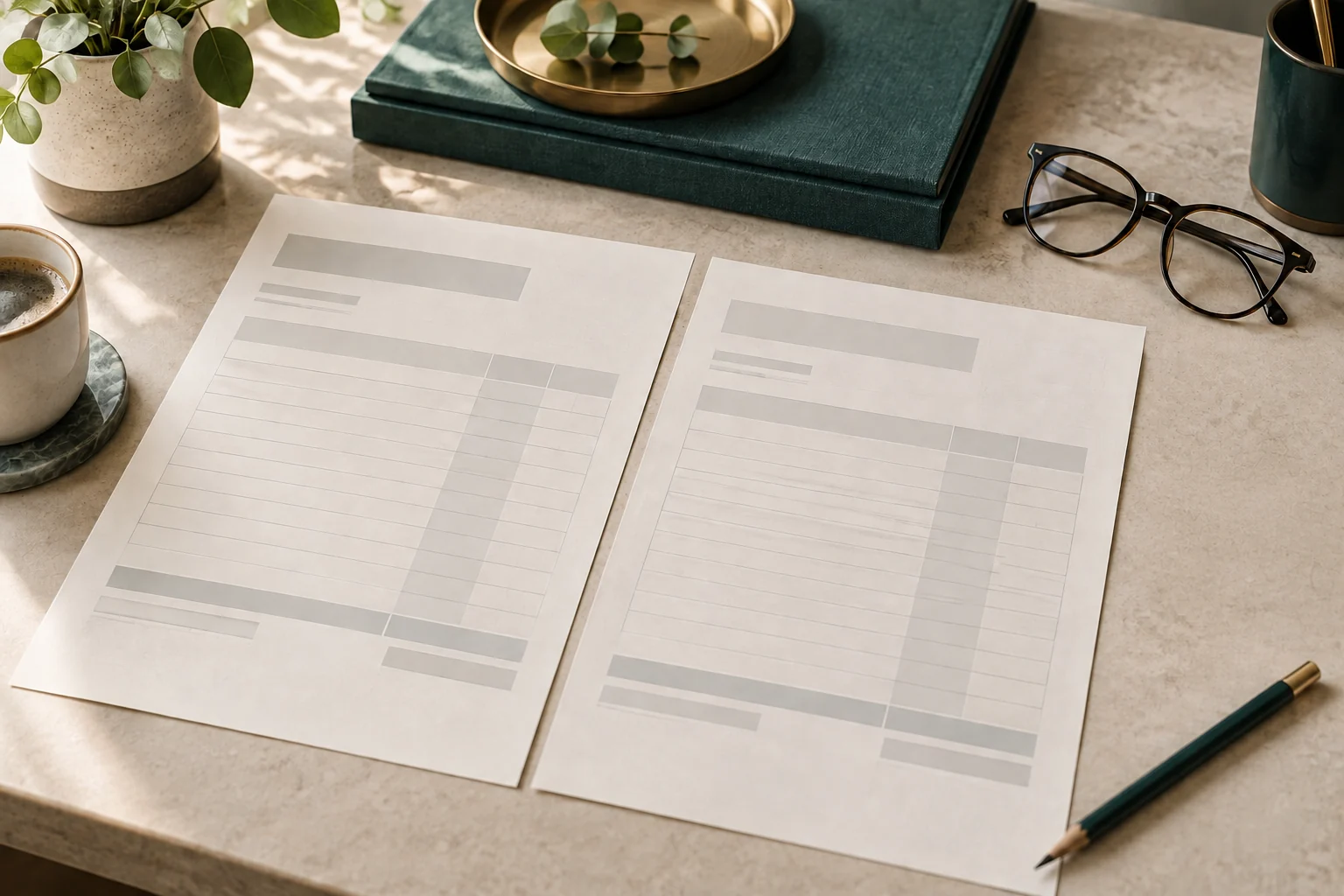 Illustration : comparaison de devis dentaires détaillés. Les documents vierges ne mentionnent ni les prix réels ni les décisions de remboursement.