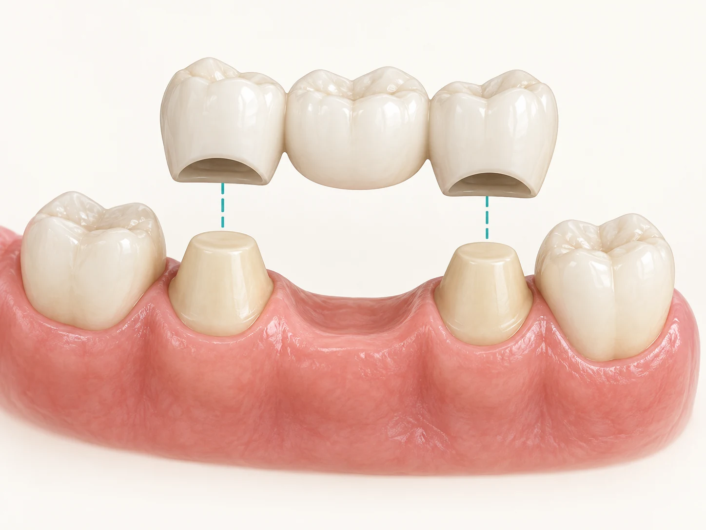 Illustration d’un bridge fixe classique. Les deux couronnes extérieures sont posées sur des dents piliers préparées, et la dent centrale comble l’espace. Il ne s’agit pas de Denticor.