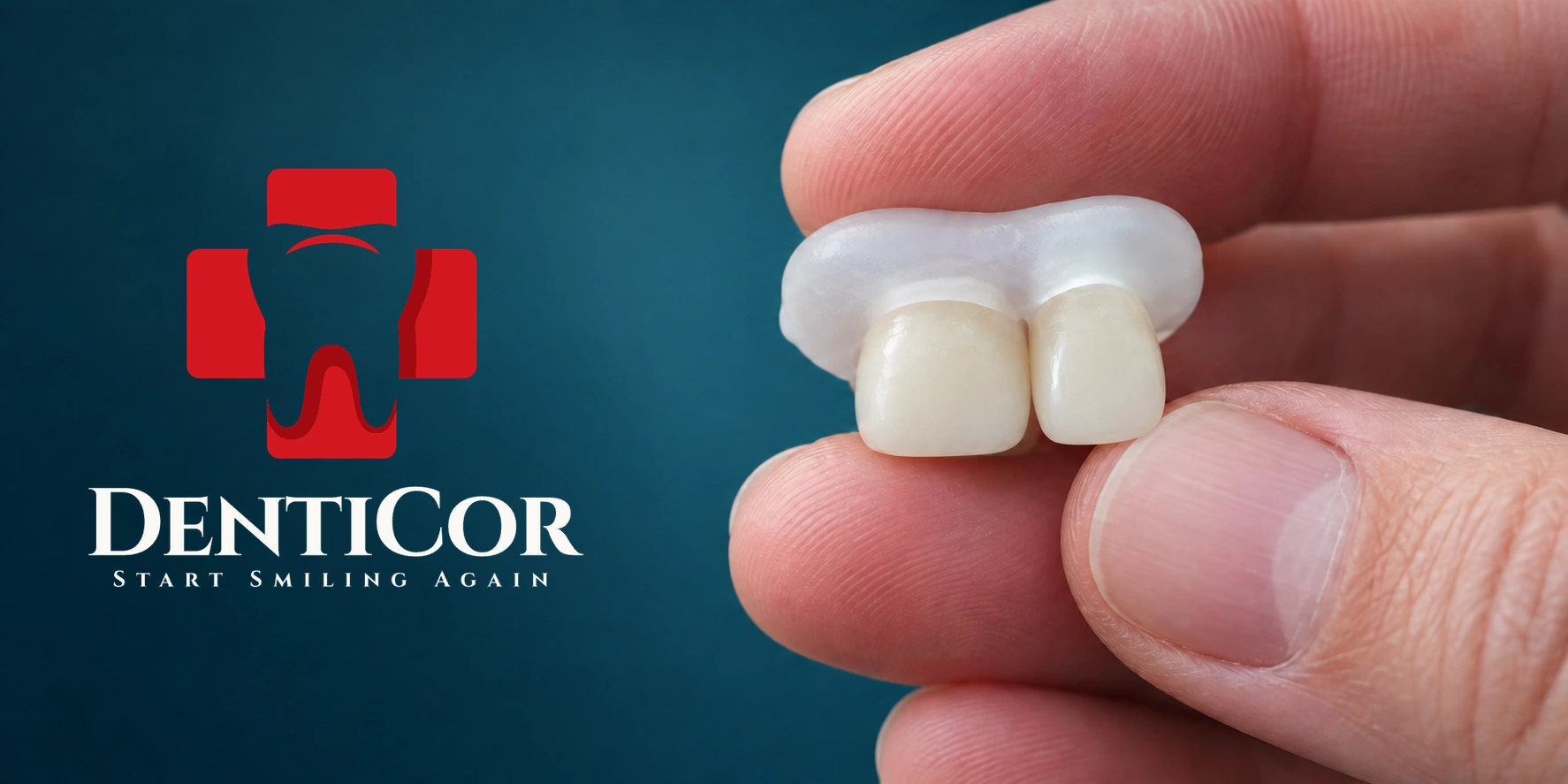 Exemple de deux couronnes Denticor reliées par un DentiFlex, tenues entre les doigts