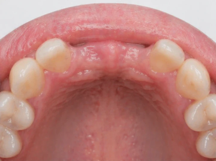 Denticor pour les deux incisives centrales supérieures – vue de l'arrière depuis le palais : forme du bridge et ajustement derrière les nouvelles dents