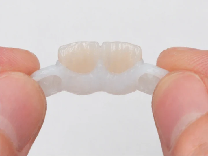 Denticor pour les deux incisives centrales supérieures – vue de l'arrière depuis le palais : forme du bridge et ajustement derrière les nouvelles dents