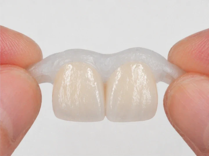 Denticor pour les deux incisives centrales supérieures – vue de face : espace, prothèse préparée, pose et résultat