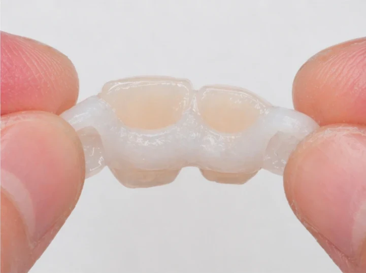 Denticor pour les incisives centrales et latérales supérieures – vue de l’arrière depuis le palais : forme du pont et ajustement derrière les nouvelles dents