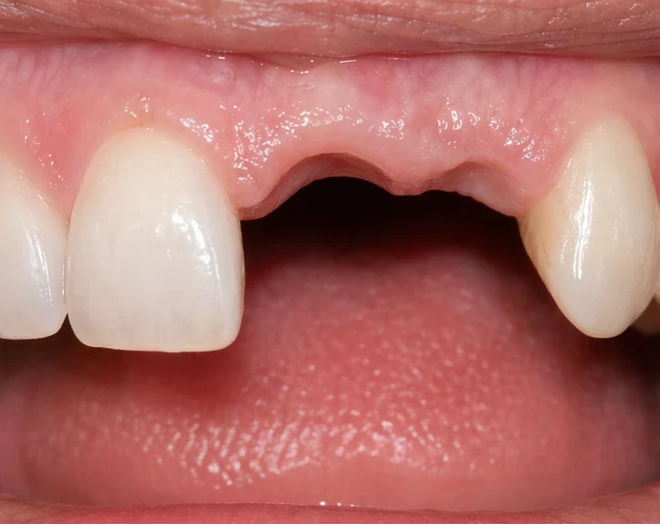 Denticor pour les incisives centrales et latérales supérieures – vue de face : espace, prothèse préparée, mise en place et résultat