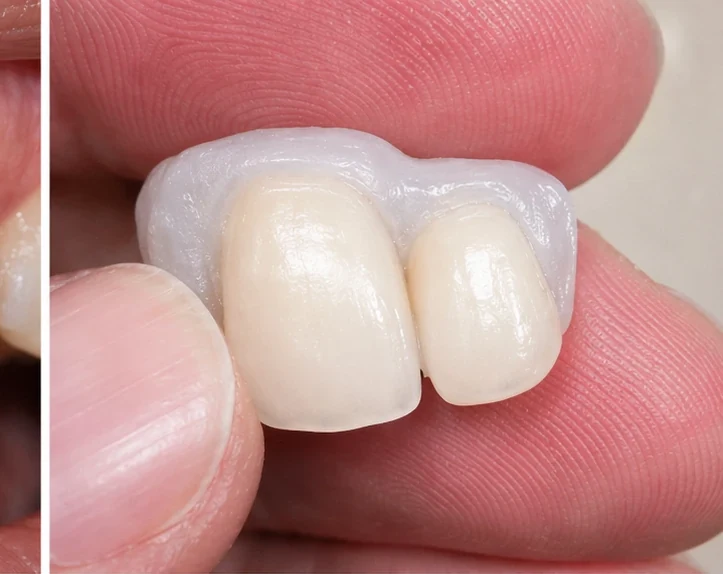 Denticor pour les incisives centrales et latérales supérieures – vue de face : espace, prothèse préparée, mise en place et résultat
