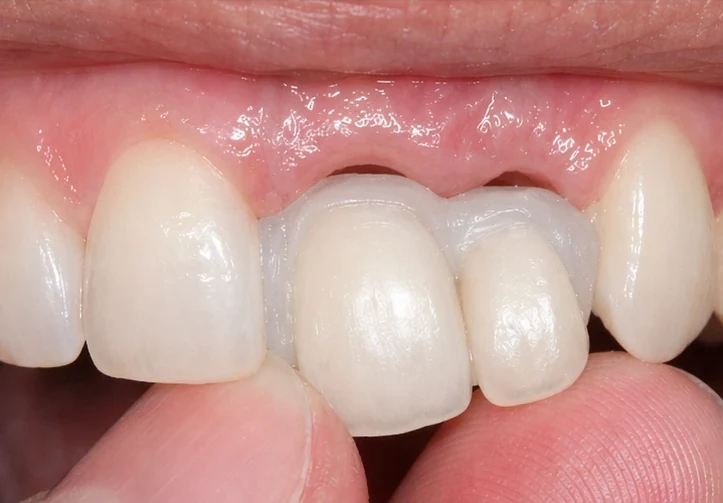 Denticor pour les incisives centrales et latérales supérieures – vue de face : espace, prothèse préparée, mise en place et résultat