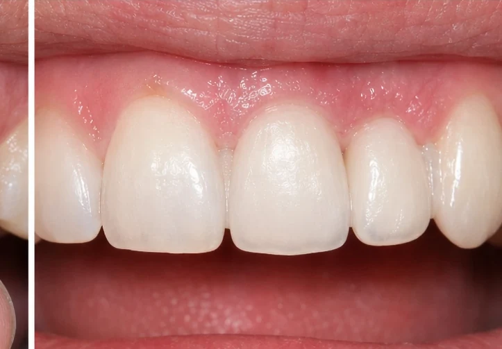 Denticor pour les incisives centrales et latérales supérieures – vue de face : espace, prothèse préparée, mise en place et résultat